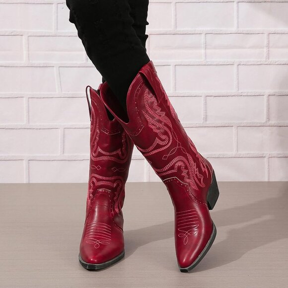 Women's Red  Pointed Toe Chunky Block Heel Cowgirl Mid Calf Western Booties - Picture 5 of 5